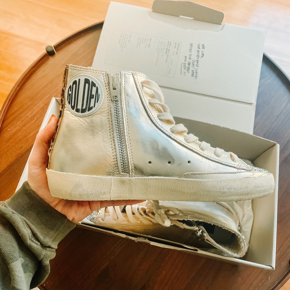 Golden Goose Size 37 Womens Sneakers. Real fur, platinum, silver, leopard print.